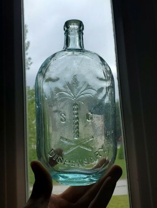 Rare Large Aqua 1890s South Carolina Dispensary Flask Bottle Palmetto Tree Sc