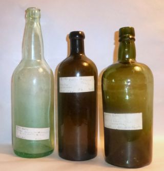 3 Antique 1800s Glass Bottles Blob Top Crook Neck Whiskey Bitterquelle 3 Pc Mold