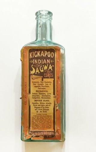 Rare Patent Medicine Bottle With Kickapoo Indian Sagwa Cures Lable On Reverse