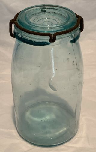 RARE Sparkling Blue Aqua Cohansey Mason Fruit Canning Jar With Glass Lid & Clamp 2