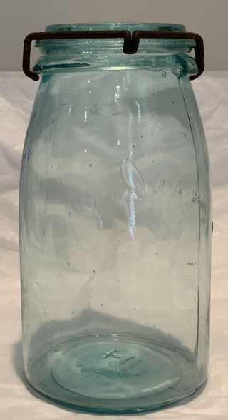 RARE Sparkling Blue Aqua Cohansey Mason Fruit Canning Jar With Glass Lid & Clamp 3