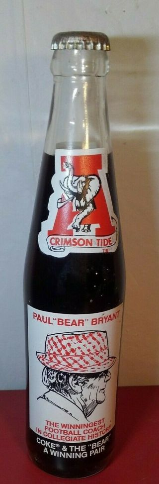 Vintage Alabama Paul " Bear " Bryant Coke Bottle,  10 Oz. ,
