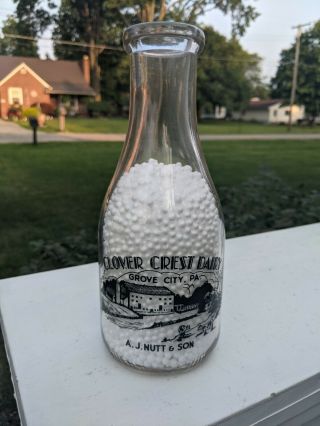 Quart Pyro Clover Crest Dairy Grove City Pennsylvania Pa Milk Bottle A.  J.  Nutt