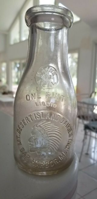 Vintage Mt Desert Island Pint Milk Bottle Barr Harbor Me Embossed Indian L