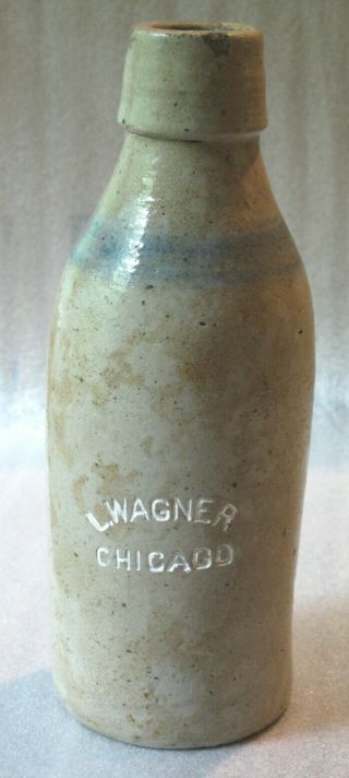 Antique Salt Glazed Stoneware Pottery Beer Bottle L Wagner Chicago Il Ills