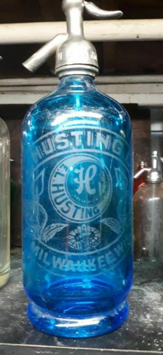 E.  L.  Husting Co Deep Turquouise Blue Milwaukee,  Wisconsin Seltzer Bottle