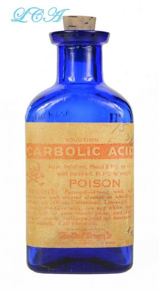 Owl Drug Co Poison Bottle W/ Carb Acid Label Deep Cobalt Blue Color Triangle Abm