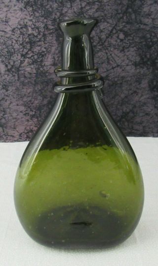 Antique Olive Green Blown Glass Persian Saddle Flask Bottle