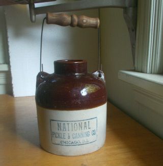 National Pickle & Canning Co Chicago 1890s Stoneware Jug With Wood/wire Handle