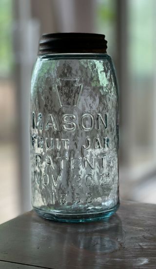 Top Shelf Example Hammer Whittled Keystone Mason Fruit Jar Patent 1858 Quart