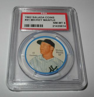 1962 Salada Baseball Coin Pin 41 Mickey Mantle York Yankees Psa 8 Nm - Mt