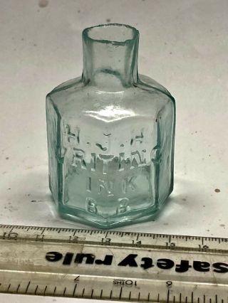 1890 Aqua Glass Ink Bottle - H.  J.  H.  Writing Ink - Very Rare - (g984)