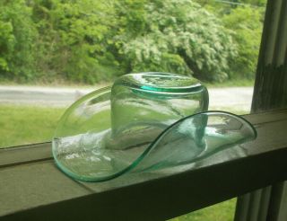 1800s Pontiled Aqua Glasshouse Whimsey Blown Glass Hat Toothpick Holder
