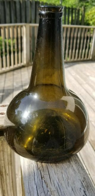 18th C Dutch Onion Black Glass Bottle Pontil