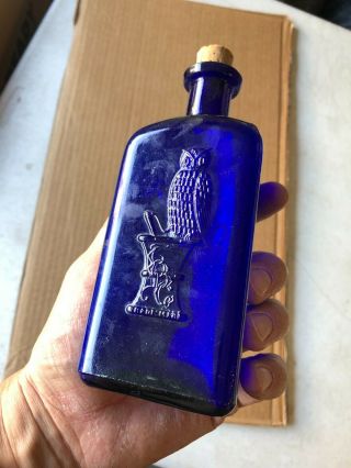 Vintage Owl Drug Blue Glass Chloroform Poison Embossed Bottle Empty,  Cork