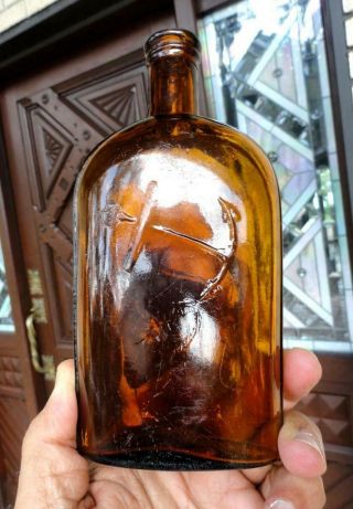 Amber Strap Sided Anchor Whiskey Flask Bottle Late 1800’s
