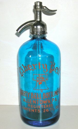 Vintage Czecho - Blovakia Blue Seltzer Bottle Liberty Bell Bottling 26 Fl.  Oz.