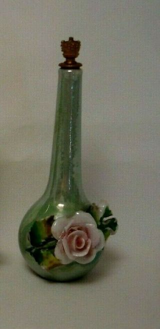 Vintage - Antique Germany Porcelain Scent Bottle - Applied Roses & Leaves - Crown Cap