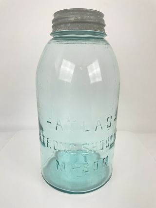 Vintage Atlas Strong Shoulder Blue Mason Canning Jar Half Gallon W/ Zinc Lid