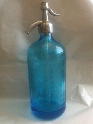 Allen Beverages Antique Blue Vintage Seltzer Bottle - 26 Oz.  Etched Glass Rare