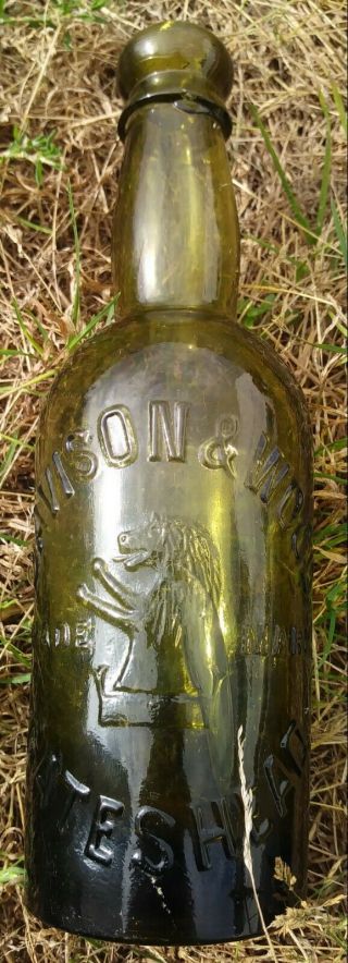 Antique Amber Glass Beer Bottle From Gateshead Lion Pictorial Big Air Bubble