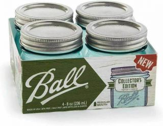 Ball Blue 8 Oz Half Pint Mason Jar W/ Metal Lid Band 4 Pack Collector 