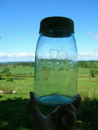 Aqua Quart Improved Fruit Jar W/ Keystone & Hfj Lid