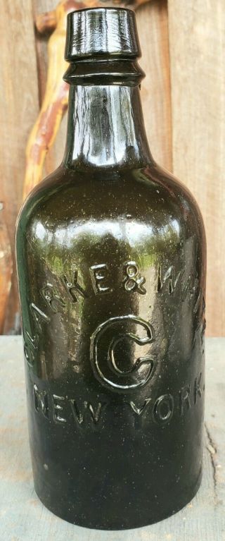 1870s Black Glass CLARKE & WHITE YORK Mineral Water,  Great Color & Shape 3