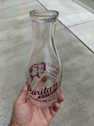 Trpq Quart Milk Bottle Puritan Dairy Peoria Illinois Ill Il Woman Child