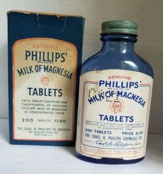 Antique Phillips Milk Of Magnesia Tablets Cobalt Blue Glass Bottle Box