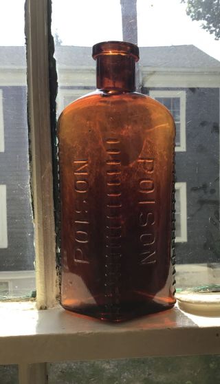 Large (8 ") Amber Blown In Mold Poison Bottle,  Triangular,  Ca.  1890 - 1900