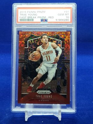 2019 - 20 Panini Prizm 31 Trae Young 2nd Yr Fast Break Red Prizm /125 Psa 10 Red
