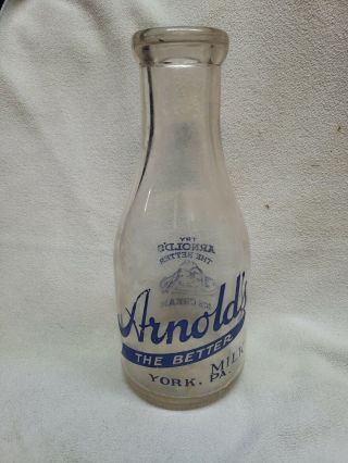 Rare Arnolds Quart Milk Bottle York Pa Ice Cream