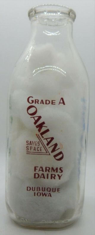 Four Color Oakland Farms Dairy Dubuque Iowa Ia Square Quart Milk Bottle