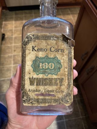 Very Rare Keno Corn Whiskey Paper Label Bottle Aronhime Liquor Co.  Roanoke Va