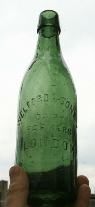 1910s Dark Green Welford Dairy Farmers London Sterilized Milk Bottle Flower Vase