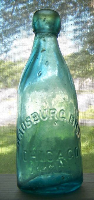 Hausburg Bros Chicago Illinois Il Embossed Hand Blown Blob Top Soda Bottle