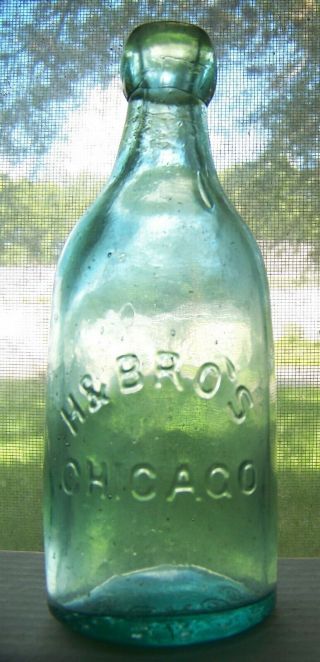 Chicago Illinois Il Embossed Hand Blown Blob Top Soda Bottle H & Bros Hausburg