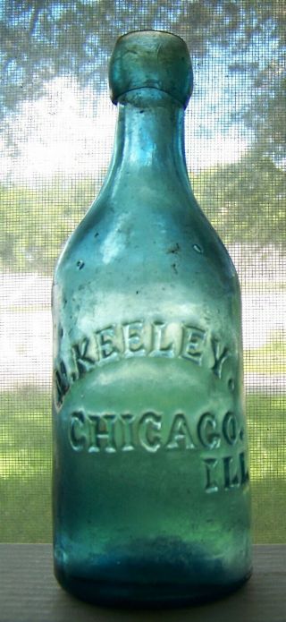 Keeley Chicago Illinois Il Blue Embossed Hand Blown Squat Blob Top Soda Bottle