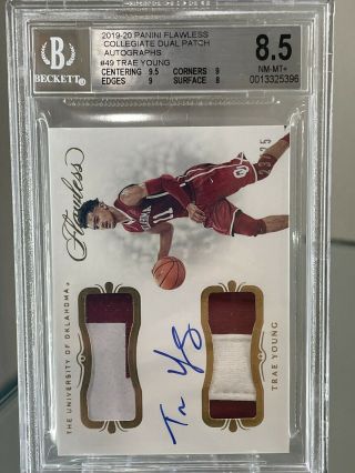 2019 - 20 TRAE YOUNG FLAWLESS Collegiate Dual PATCH AUTO 23/25 BGS 8.  5 Auto 10 3