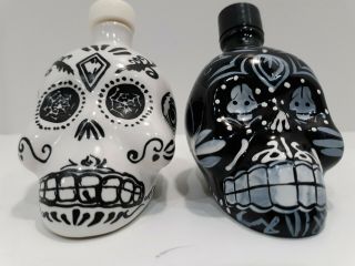 Kah Tequila Hand - Painted Sugar Skulls 50 Ml Black White Set Of 2 Empty Bottles