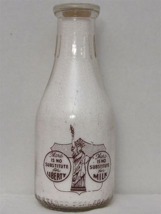 TRPQ Milk Bottle College Dairy Modesto CA War Slogan WWII Statue of Liberty 1945 2