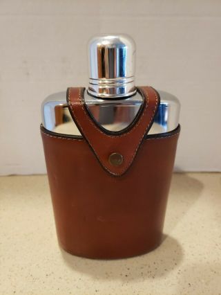 Bosca Vintage Hip Flask,  Full Grain Leather Hide,  Metal,  Glass.  Barware.