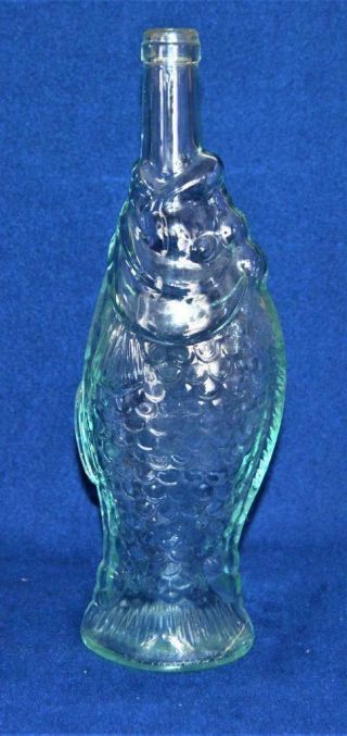 Vtg Aqua Green Glass Figural Fish Shaped Decorative Cork 13 1/2 " Bottle Decanter