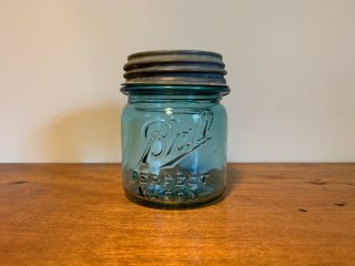 Ball Half (1/2) Pint Blue Mason Jar Vintage With Zinc Lid And Number 4 On Bottom
