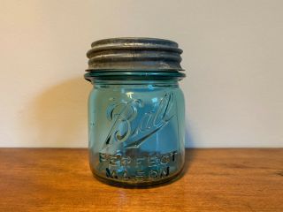 Ball Half (1/2) Pint Blue Mason Jar Vintage With Zinc Lid And Number 9 On Bottom