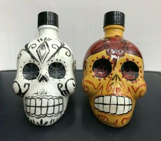 Kah Tequila Hand - Painted Sugar Skulls 50ml Yellow & White Set Of 2 Empty Bottles