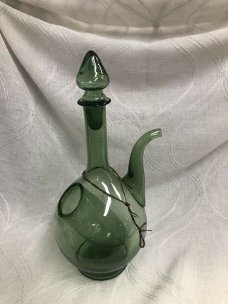 Vintage Italian Green Glass Wine Decanter W/ice Chamber And Glass Stopper