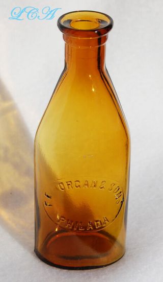 Pristine Honey Amber Drug Store F E Morgan Philada Embossed Antique Bottle