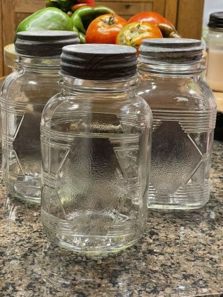 Vintage Anchor Hocking Square Mason Clear Glass Jar Set Of 3 Jars W/ Lids